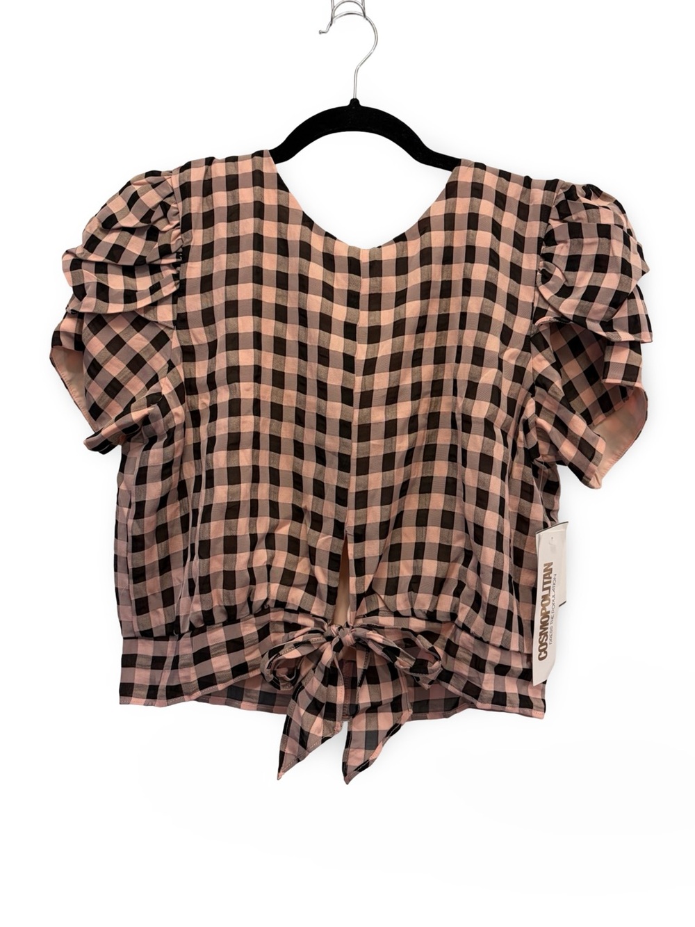 NWT Cosmopolitan x Dress the Population Plaid Tie Front Puff Sleeve Top Womens L